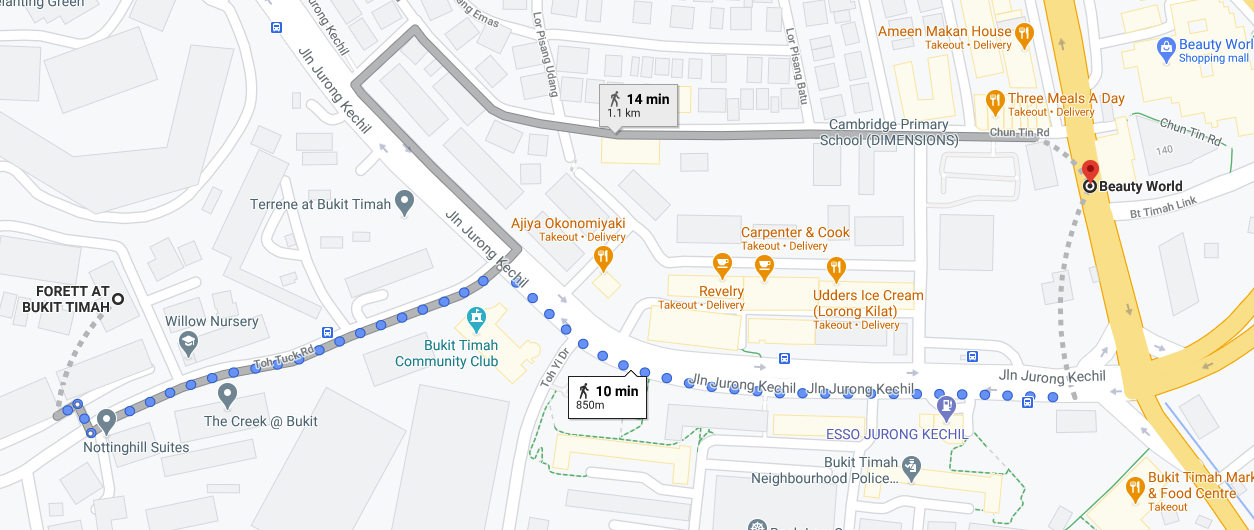 Forett is a 9-10 min walk to Beauty World MRT Station.