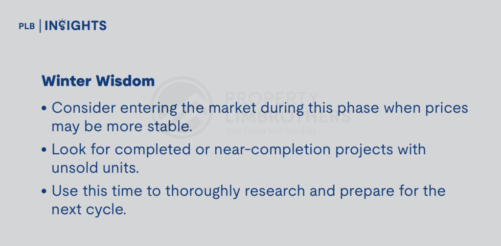 How to Decode Singapore’s Property Market Cycles for Optimal Investment Opportunities


Winter Wisdom (Recovery and Preparation)

Consider entering the market during this phase when prices may be more stable.

Look for completed or near-completion projects with unsold units.

Use this time to thoroughly research and prepare for the next cycle.