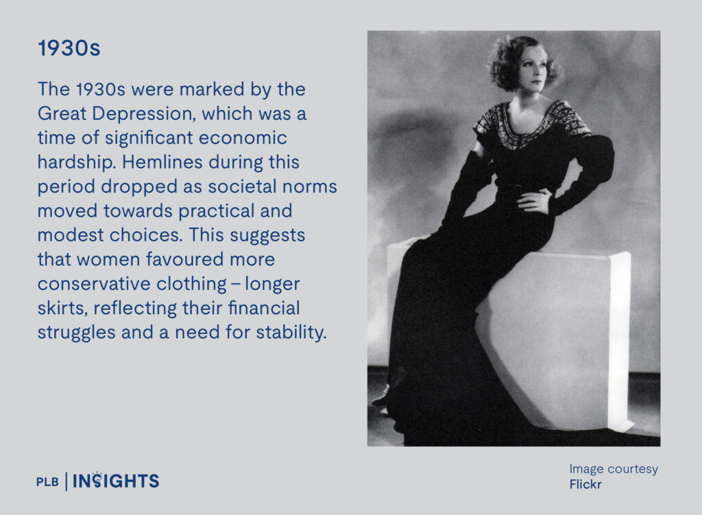 1930s: The 1930s were marked by the Great Depression, which was a time of significant economic hardship. Hemlines during this period dropped as societal norms moved towards practical and modest choices. This suggests that women favoured more conservative clothing – longer skirts, reflecting their financial struggles and a need for stability.   