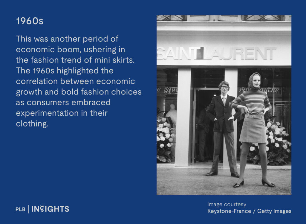 1960s: This was another period of economic boom, ushering in the fashion trend of mini skirts. The 1960s highlighted the correlation between economic growth and bold fashion choices as consumers embraced experimentation in their clothing. 