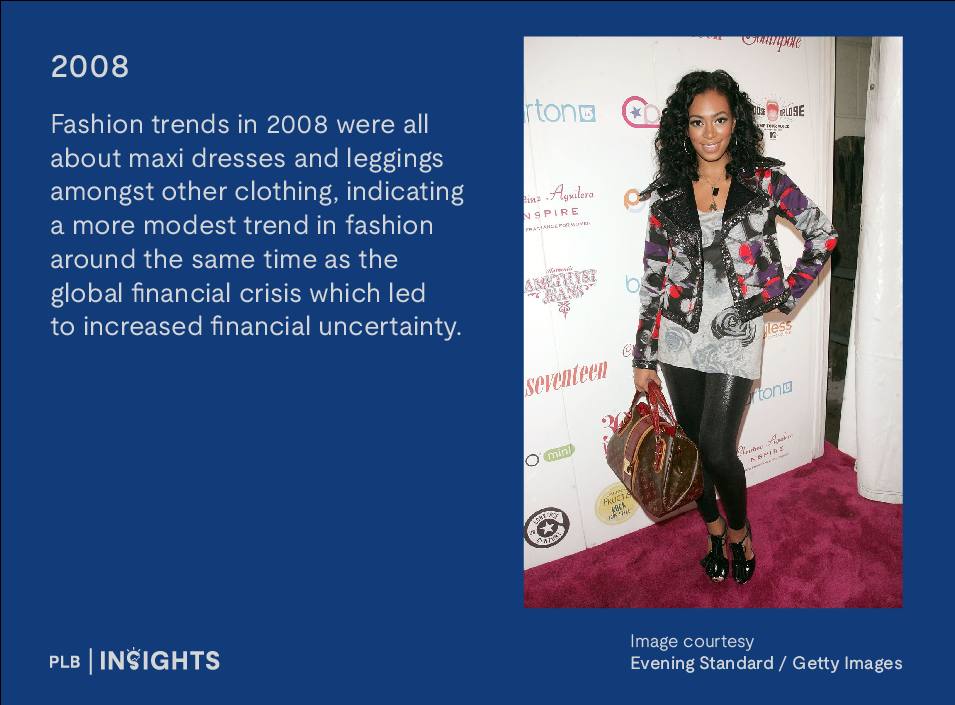 2008: Fashion trends in 2008 were all about maxi dresses and leggings amongst other clothing, indicating a more modest trend in fashion around the same time as the global financial crisis which led to increased financial uncertainty. 