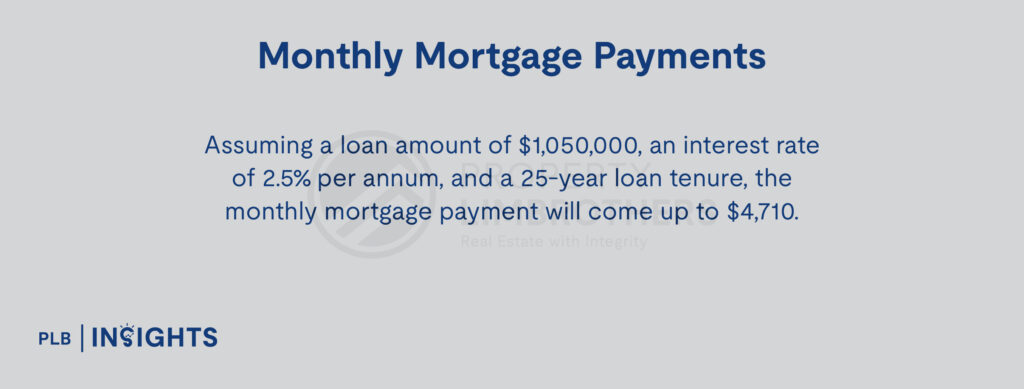 Monthly Mortgage Payments

Assuming a loan amount of $1,050,000, an interest rate of 2.5% per annum, and a 25-year loan tenure, the monthly mortgage payment will come up to $4,710.