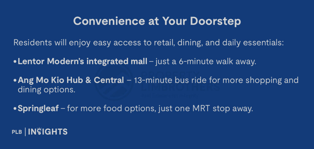 Residents will enjoy easy access to retail, dining, and daily essentials:

Lentor Modern’s integrated mall – just a 6-minute walk away.

Ang Mo Kio Hub & Central – 13-minute bus ride for more shopping and dining options.

Springleaf – for more food options, just one MRT stop away.