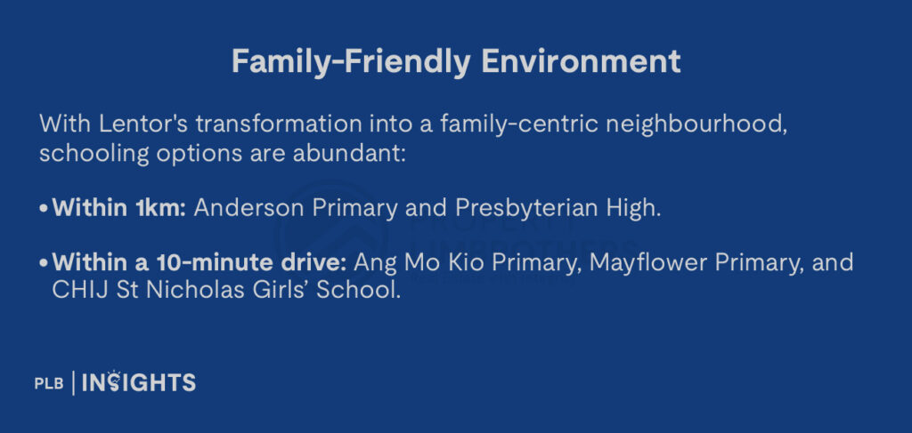 With Lentor's transformation into a family-centric neighbourhood, schooling options are abundant:

Within 1km: Anderson Primary and Presbyterian High.

Within a 10-minute drive: Ang Mo Kio Primary, Mayflower Primary, and CHIJ St Nicholas Girls’ School.