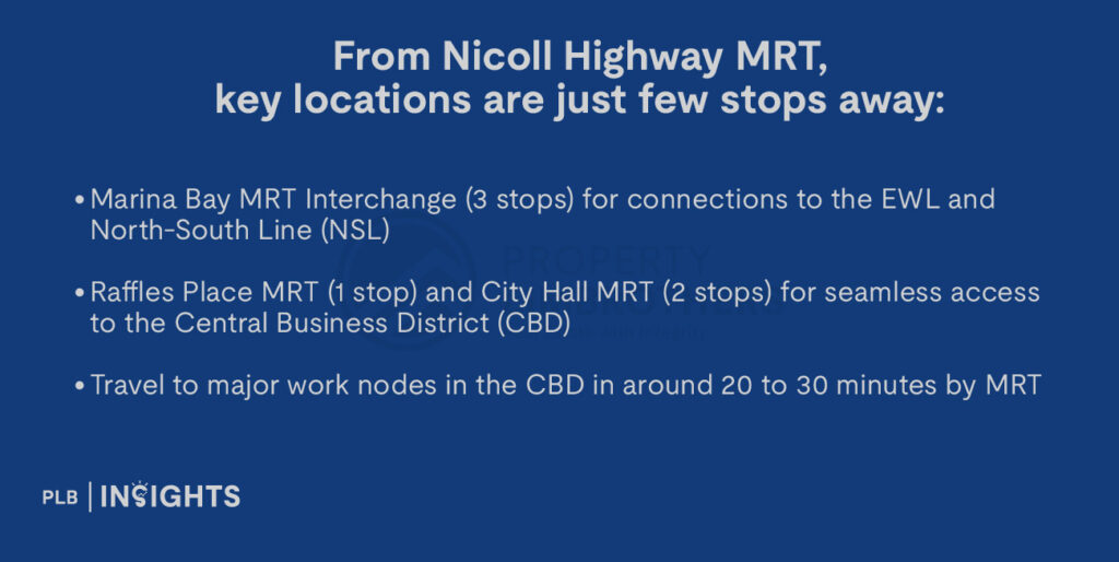 Marina Bay MRT Interchange (3 stops) for connections to the EWL and North-South Line (NSL)

Raffles Place MRT (1 stop) and City Hall MRT (2 stops) for seamless access to the Central Business District (CBD)

Travel to major work nodes in the CBD in around 20 to 30 minutes by MRT