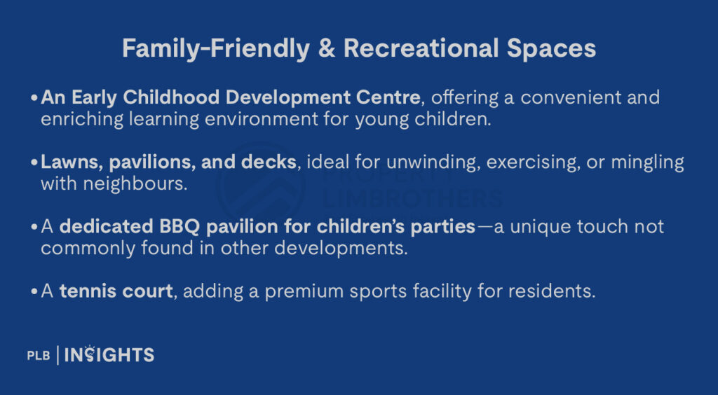 An Early Childhood Development Centre, offering a convenient and enriching learning environment for young children.

Lawns, pavilions, and decks, ideal for unwinding, exercising, or mingling with neighbours.

A dedicated BBQ pavilion for children’s parties—a unique touch not commonly found in other developments.

A tennis court, adding a premium sports facility for residents.