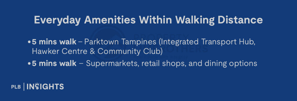 Everyday Amenities Within Walking Distance

5 mins walk – Parktown Tampines (Integrated Transport Hub, Hawker Centre & Community Club)

5 mins walk – Supermarkets, retail shops, and dining options