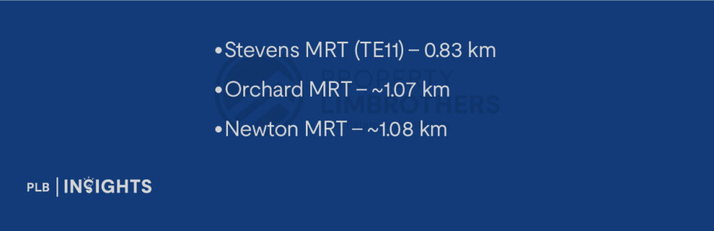 Stevens MRT (TE11) – 0.83 km
Orchard MRT – ~1.07 km
Newton MRT – ~1.08 km