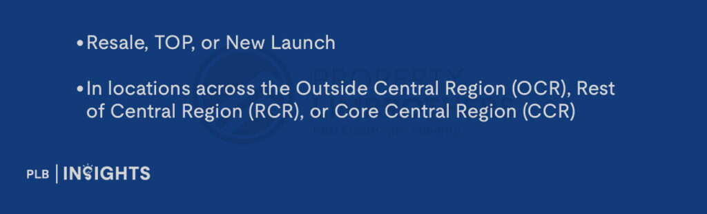 Resale, TOP, or New Launch
In locations across the Outside Central Region (OCR), Rest of Central Region (RCR), or Core Central Region (CCR)