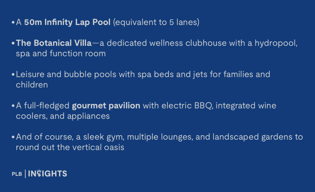 A 50m Infinity Lap Pool (equivalent to 5 lanes),
The Botanical Villa—a dedicated wellness clubhouse with a hydropool, spa and function room,
Leisure and bubble pools with spa beds and jets for families and children,
A full-fledged gourmet pavilion with electric BBQ, integrated wine coolers, and appliances,
And of course, a sleek gym, multiple lounges, and landscaped gardens to round out the vertical oasis.