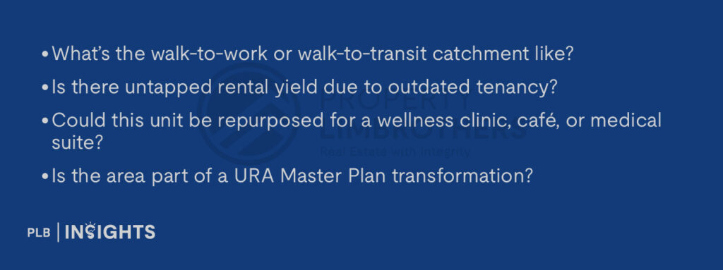 What’s the walk-to-work or walk-to-transit catchment like?
Is there untapped rental yield due to outdated tenancy?
Could this unit be repurposed for a wellness clinic, café, or medical suite?
Is the area part of a URA Master Plan transformation?