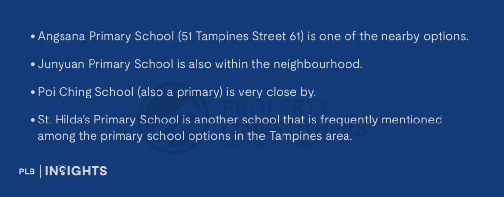 Angsana Primary School (51 Tampines Street 61) is one of the nearby options.  

Junyuan Primary School is also within the neighbourhood.  

Poi Ching School (also a primary) is very close by.  

St. Hilda’s Primary School is another school that is frequently mentioned among the primary school options in the Tampines area.