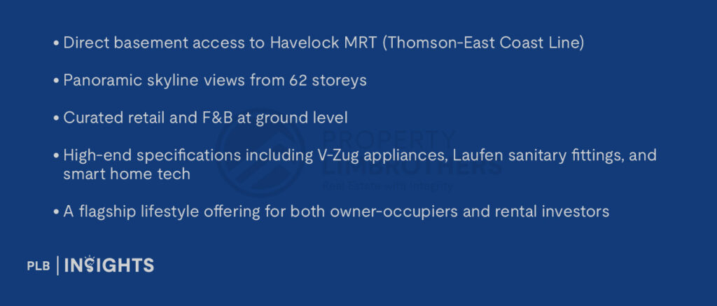 Direct basement access to Havelock MRT (Thomson-East Coast Line)

Panoramic skyline views from 62 storeys

Curated retail and F&B at ground level

High-end specifications including V-Zug appliances, Laufen sanitary fittings, and smart home tech

A flagship lifestyle offering for both owner-occupiers and rental investors