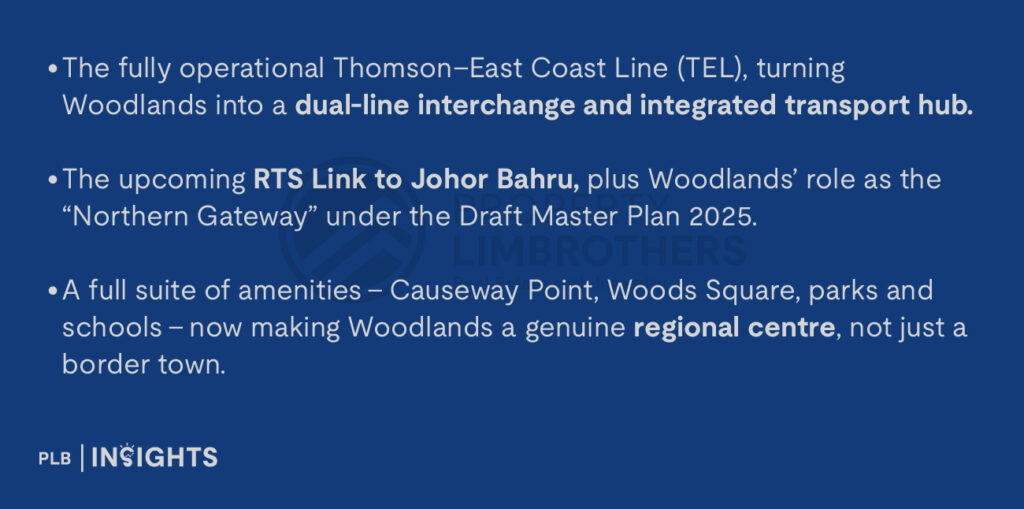 The fully operational Thomson–East Coast Line (TEL), turning Woodlands into a dual-line interchange and integrated transport hub.

The upcoming RTS Link to Johor Bahru, plus Woodlands’ role as the “Northern Gateway” under the Draft Master Plan 2025.

A full suite of amenities – Causeway Point, Woods Square, parks and schools – now making Woodlands a genuine regional centre, not just a border town.
