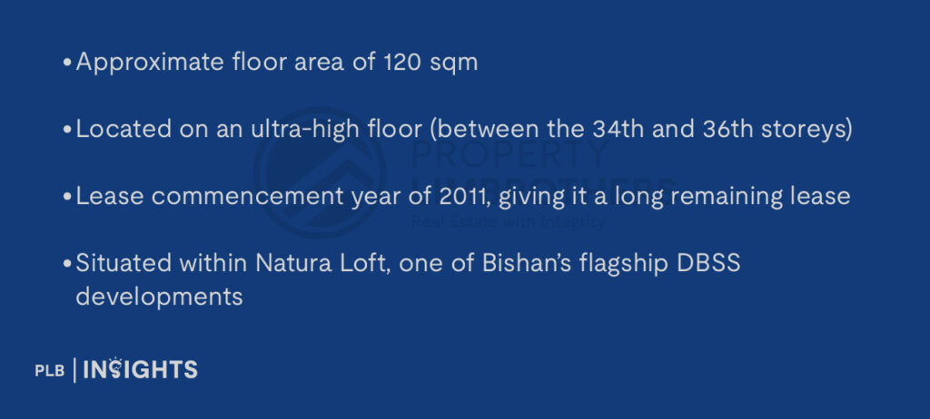 Approximate floor area of 120 sqm

Located on an ultra-high floor (between the 34th and 36th storeys)

Lease commencement year of 2011, giving it a long remaining lease

Situated within Natura Loft, one of Bishan’s flagship DBSS developments