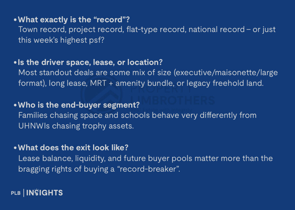 What exactly is the “record”?
Town record, project record, flat-type record, national record – or just this week’s highest psf?

Is the driver space, lease, or location?
Most standout deals are some mix of size (executive/maisonette/large format), long lease, MRT + amenity bundle, or legacy freehold land.

Who is the end-buyer segment?
Families chasing space and schools behave very differently from UHNWIs chasing trophy assets.

What does the exit look like?
Lease balance, liquidity, and future buyer pools matter more than the bragging rights of buying a “record-breaker”.
