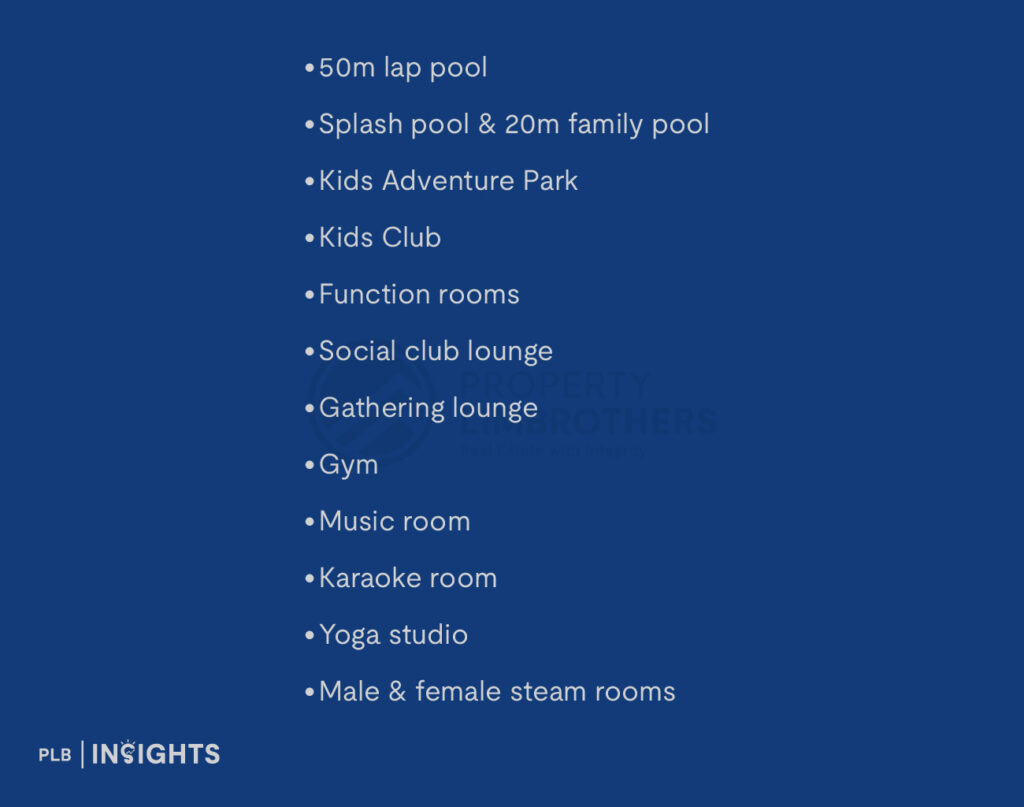 50m lap pool

Splash pool & 20m family pool

Kids Adventure Park

Kids Club

Function rooms

Social club lounge

Gathering lounge

Gym

Music room

Karaoke room

Yoga studio

Male & female steam rooms