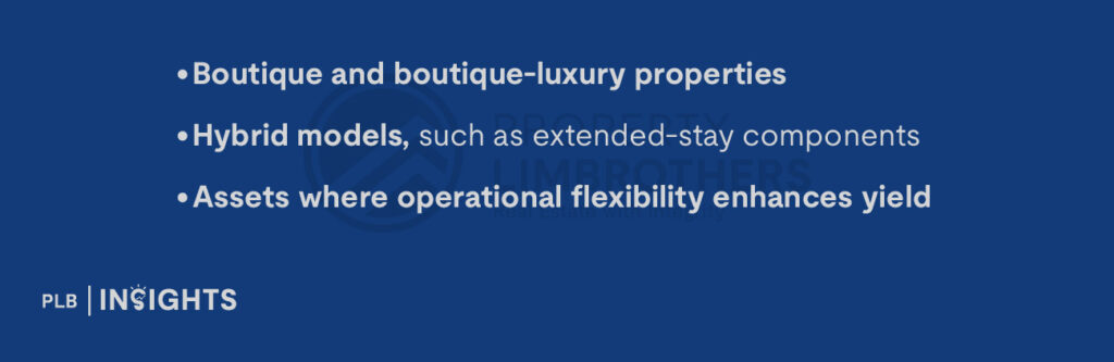 Boutique and boutique-luxury properties
Hybrid models, such as extended-stay components
Assets where operational flexibility enhances yield