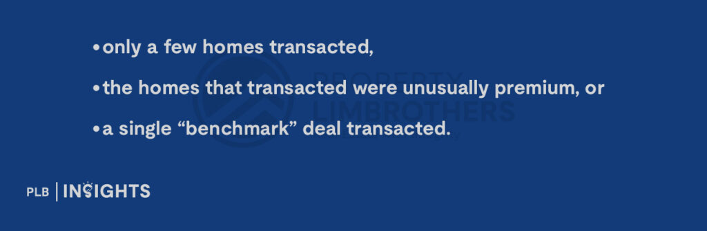 only a few homes transacted,

the homes that transacted were unusually premium, or

a single “benchmark” deal transacted.